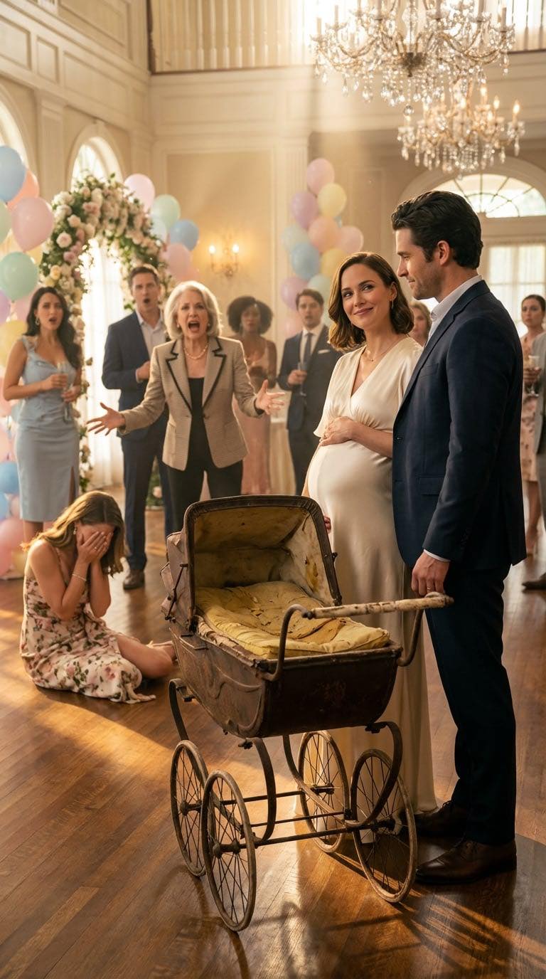 Podczas mojego baby shower siostra podała mi zepsuty wózek. „Zupełnie jak jej życie” – zachichotała. „Bałagan i rozpada się”. Mama dodała z uśmieszkiem: „Ma szczęście, że w ogóle tu jest”. Nie odpowiedziałam. Ale kiedy mój mąż nacisnął ukryty przycisk wózka, w pokoju zapadła głucha cisza…