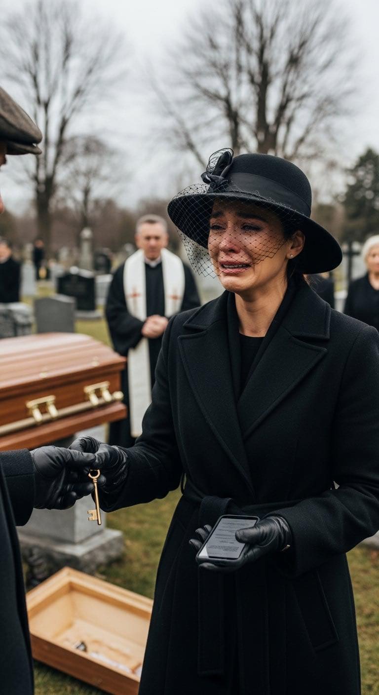 Na pogrzebie mojej matki grabarz zawołał mnie i cicho powiedział: „Proszę pani, pani mama zapłaciła mi za pochowanie pustej trumny”. Odpowiedziałem: „Przestań się wygłupiać”. W milczeniu włożył mi klucz do ręki i wyszeptał: „Nie idź do domu. Idź do mieszkania 16 – natychmiast”. W tym momencie mój telefon zawibrował. Pojawiła się wiadomość od mamy: „Wróć sama do domu”. Kiedy dotarłem do mieszkania 16, znalazłem…