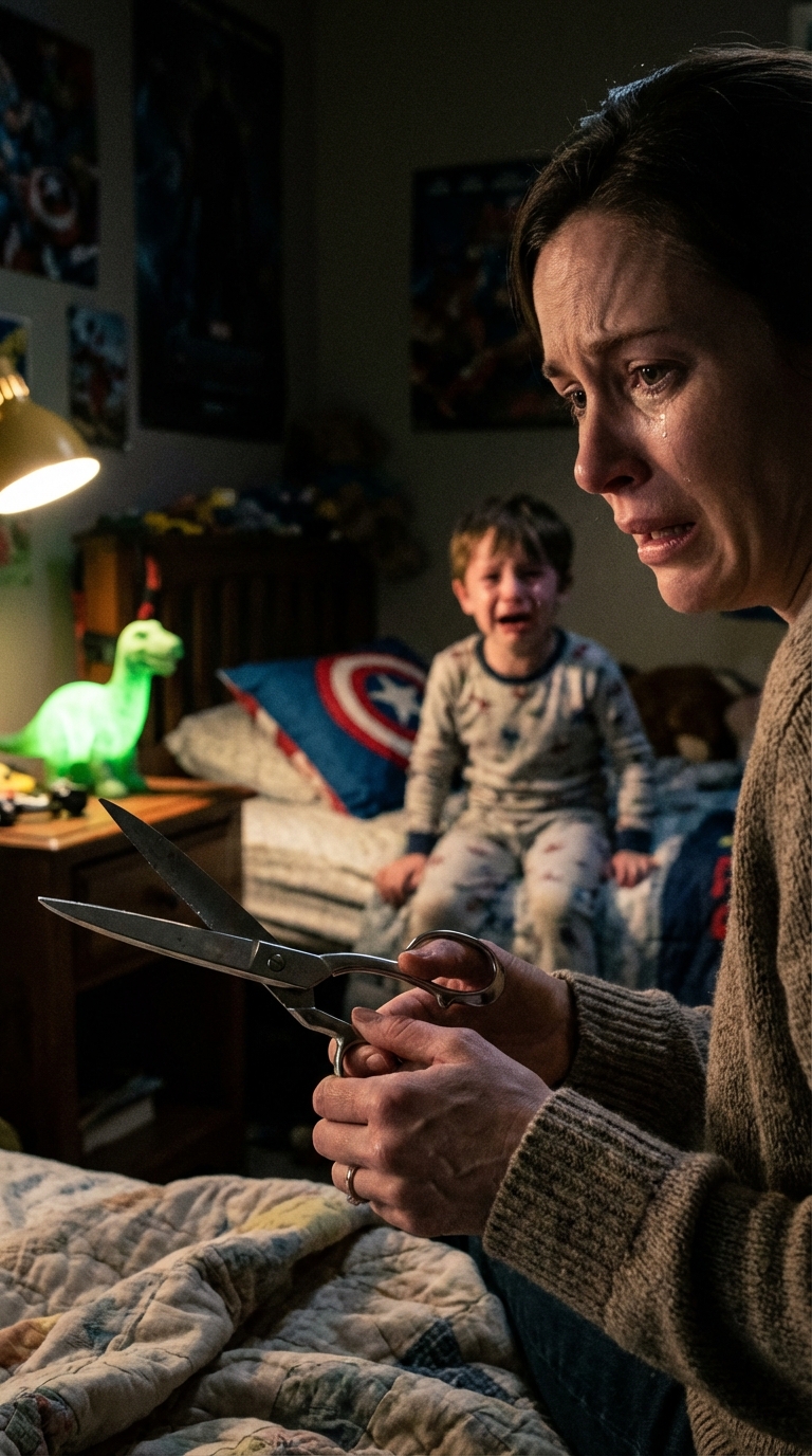 Opiekowałam się sześcioletnim synem mojej najlepszej przyjaciółki przez weekend. Podczas gdy mył zęby, poszłam pościelić mu łóżko i poprawić poduszki. Wsuwając rękę pod poduszkę, poczułam coś twardego i ciężkiego. Wyciągnęłam to – to były duże, ostre nożyce kuchenne. „Co to tu robi?” – zapytałam, gdy wszedł do pokoju. Zamarł, jego mały podbródek zadrżał, a on wybuchnął płaczem. „Proszę, nie zabieraj tego” – błagał, padając na kolana. Mroczny sekret, który wyszeptał, sprawił, że ścisnęło mnie w żołądku.