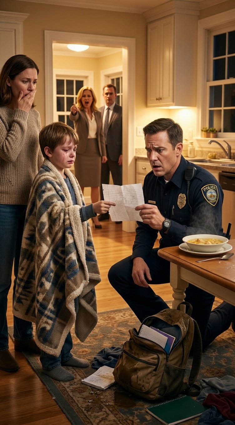 Znalazłszy 8-letniego chłopca z sąsiedztwa, drżącego z zimna na ganku w mroźną noc, szybko zaprowadziłem go do środka, żeby się ogrzał. Kilka minut później jego rodzice wpadli przez drzwi z policją: „Aresztujcie ją! Porwała naszego syna!”. Gdy policjant wyciągnął kajdanki i podszedł do mnie, chłopiec nagle się cofnął. Zerwał plecak, rzucił go policjantowi pod nogi i błagał przez łzy: „Panie policjancie… proszę mi to założyć. Wolę iść do więzienia niż…”