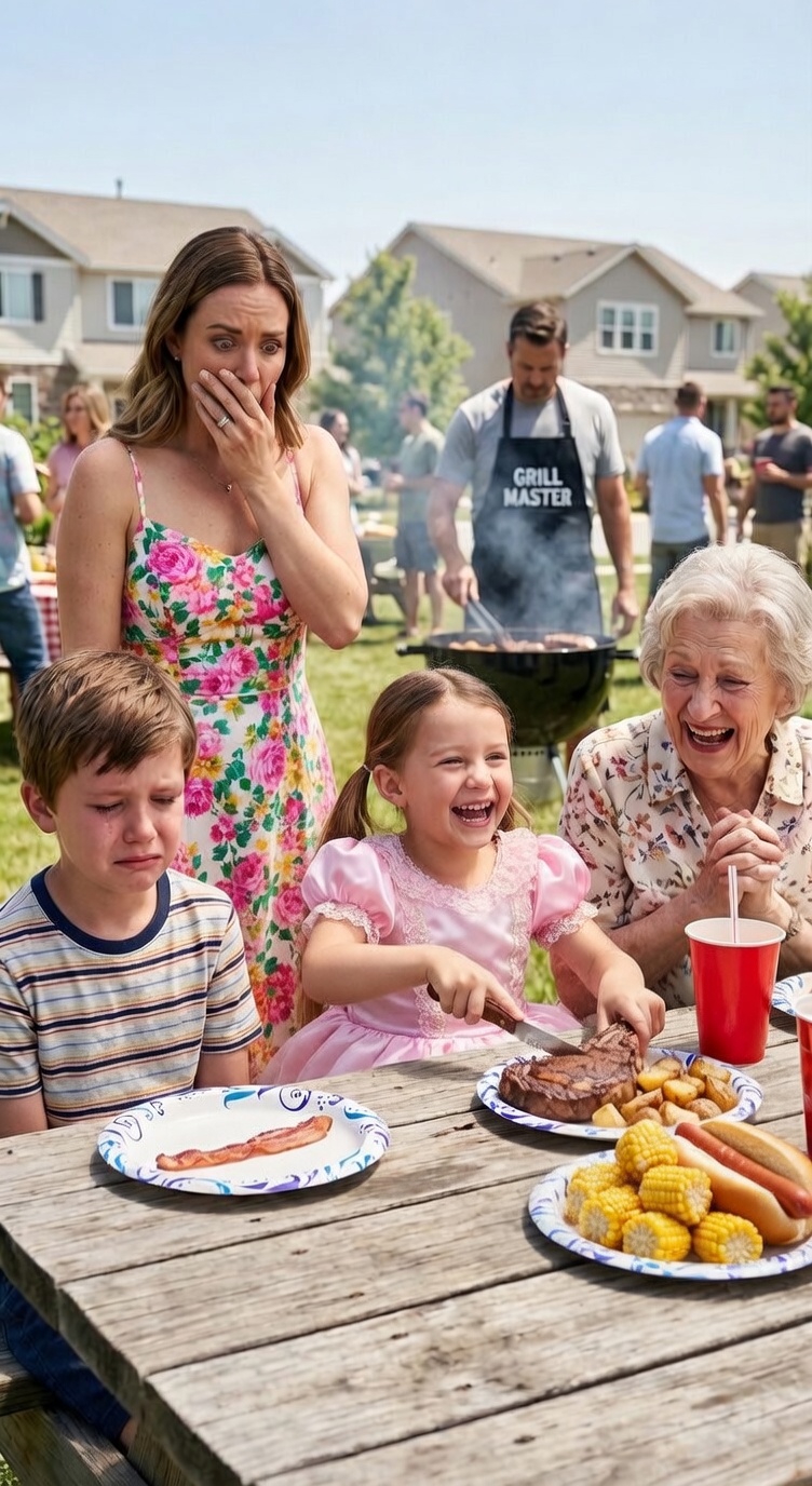 Podczas rodzinnego grilla syn mojej siostry dostał gruby, idealny stek T-bone, a mój syn spalony kawałek tłuszczu. Mama się roześmiała: „To więcej niż wystarczająco dla takiego dziecka”. Siostra uśmiechnęła się złośliwie: „Nawet pies je lepiej”. Syn spuścił wzrok i wyszeptał: „Mamo, jestem zadowolony z tego mięsa”. Godzinę później, kiedy zrozumiałam, co miał na myśli… zaczęły mi się trząść ręce.