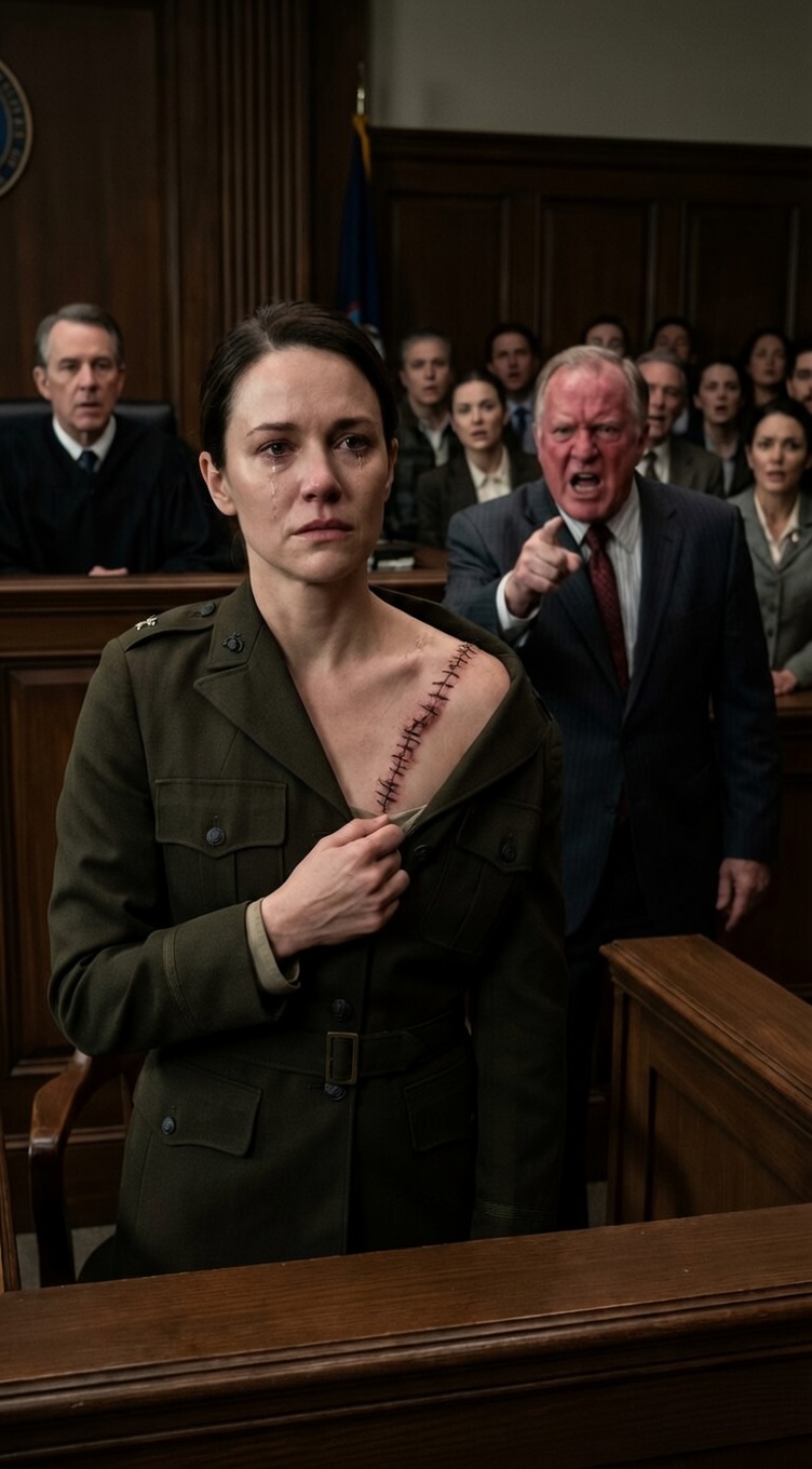 Rodzina zaciągnęła mnie do sądu, oskarżając o sfingowanie służby wojskowej. „Ona nigdy nie służyła – wszystko zmyśliła, żeby ukraść pieniądze naszego dziadka” – zeznała pod przysięgą moja matka. Nie zareagowałem. Po prostu patrzyłem na sędziego. Ale kiedy podniosłem koszulkę i pokazałem bliznę na ramieniu, cała sala ucichła. To, co stało się później, było czymś, czego nigdy się nie spodziewali…