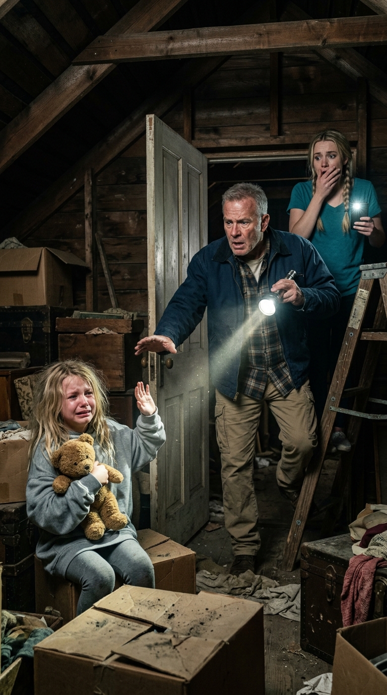 Zatrudniłam sprzątaczkę do domu mojego syna, kiedy on i jego żona influencerka byli na wakacjach na Hawajach – godzinę później wyszeptała: „Proszę pana… ktoś płacze na strychu, i to nie telewizor”. Jestem emerytowaną pracownicą socjalną, więc jechałam, jakby od tego zależało moje życie, spodziewając się włamywacza albo pękniętej rury… ale dźwięk był cichy, drżący i ludzki. Kiedy zsunęłam drabinę ze strychu, w domu zapadła głucha cisza – aż do momentu, gdy z drewnianej szafy w kącie znów rozległ się szloch. Otworzyłam drzwi… i mała dziewczynka spojrzała na mnie i wyszeptała: „Proszę… nie mów Dennisowi”.