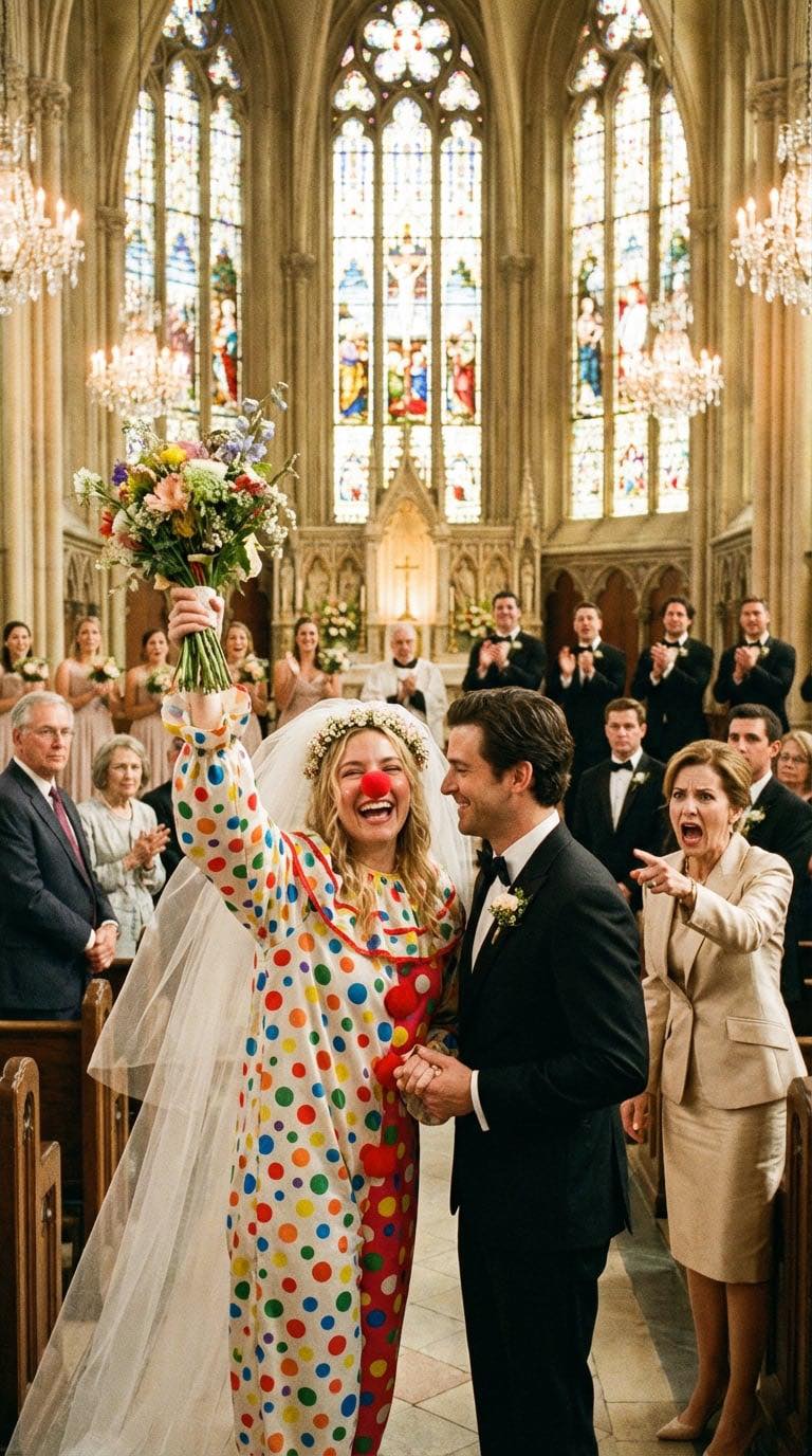 „Nigdy nie wpasujesz się do naszej bogatej rodziny” – zadrwiła moja przyszła teściowa. Aby to udowodnić, ukradła mi suknię ślubną za 3000 dolarów i zastąpiła ją krzykliwym kostiumem klauna w poranek mojego ślubu. Nie płakałam. Zamiast tego założyłam za duże spodnie w groszki i czerwony nos. Kiedy otworzyły się drzwi kościoła, jej zadowolony uśmiech zmienił się w czyste przerażenie…