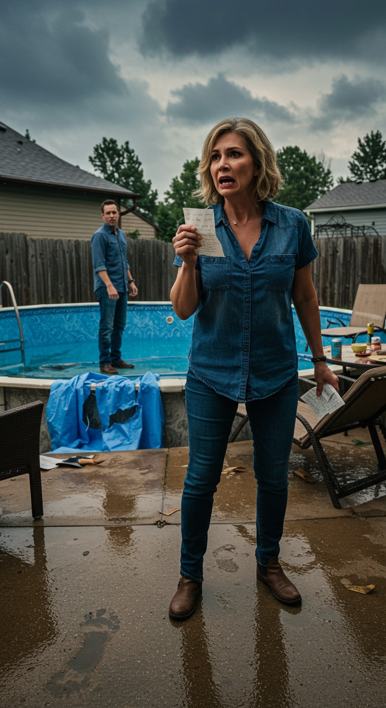 Pozwalałam mojej szwagierce korzystać z mojego basenu każdego lata na imprezy dla dzieci. Kiedy poprosiłam ją o pożyczenie namiotu na kemping, zadrwiła: „Weź sobie swoje rzeczy – jesteś żałosna”. Teściowa zaśmiała się: „Nie powinnaś oczekiwać zbyt wiele, skoro ciągle prosisz”. Mąż dodał: „Przestań być takim darmozjadem”. Wróciłam z wyjazdu i zastałam mój basen opróżniony i zniszczony. Jej wiadomość brzmiała: „Imprezy przy basenie się skończyły – może to cię nauczy, żeby nie polegać na innych”. Milczałam, ale to, co zrobiłam później, odebrało im mowę.