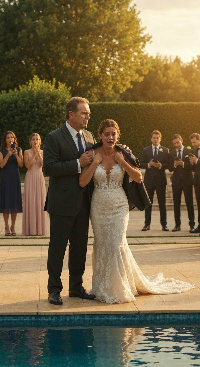 W dniu mojego ślubu mój mąż wepchnął mnie do basenu, ale reakcja mojego ojca zaszokowała wszystkich.