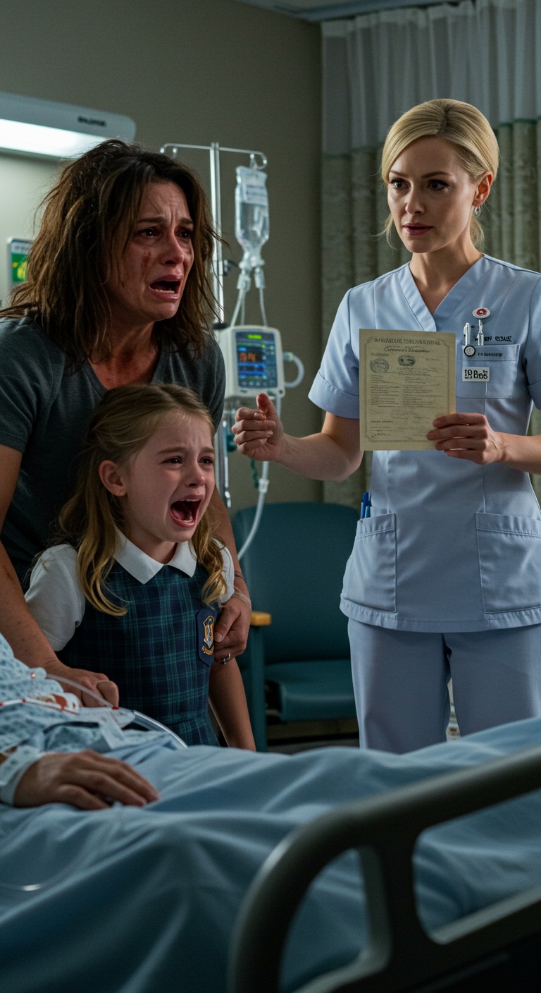 Mój mąż był w szpitalu. Córka wepchnęła mnie do szafy, szepcząc: „Mamo, schowaj się!”. Chwilę później do pokoju mojego męża weszła obca kobieta w fartuchu pielęgniarskim i go pocałowała. „Jestem jego żoną” – powiedziała mojej córce. Moje życie legło w gruzach. Był bigamistą. Ale gdy miałam go zostawić na zawsze, przyjechała policja.