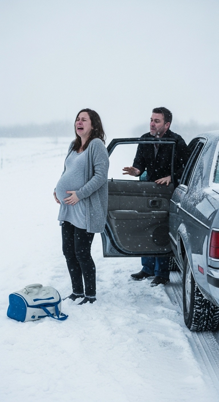 Wody odeszły mi w drodze na przyjęcie u teściowej. Mój mąż wpadł w furię. Wyciągnął mnie z samochodu, w dziewiątym miesiącu ciąży, i porzucił na zaśnieżonej autostradzie. „Moja mama jest ważniejsza” – powiedział. Nigdy się tego nie spodziewał…