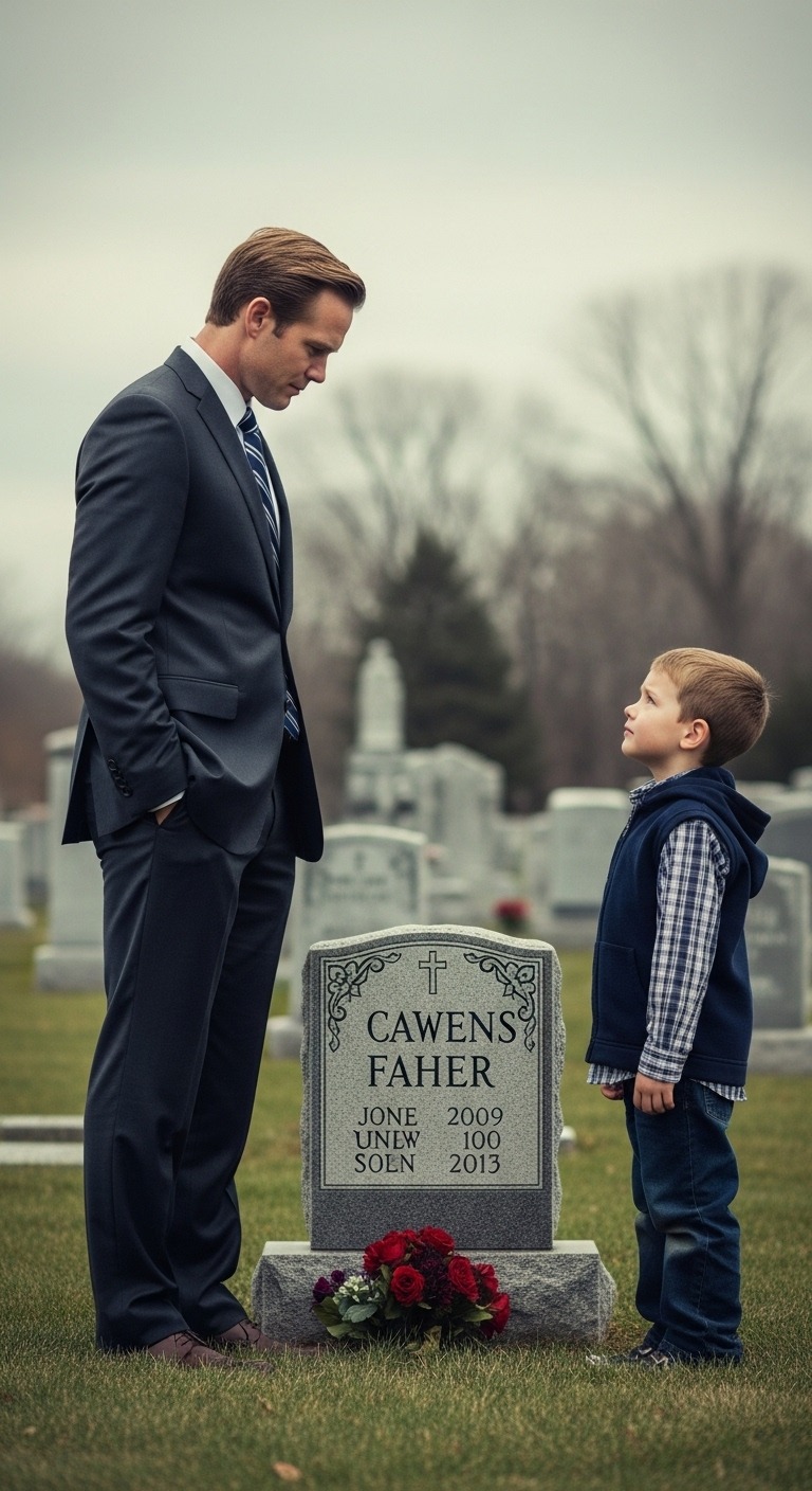 Przy grobie ojca nagle dostrzegłem kruchego, małego chłopca klęczącego w milczeniu. Gdy podszedłem, spojrzał w górę, z oczami pełnymi łez, i wyszeptał: „Przepraszam… Chciałem tylko odwiedzić dziadka”. Serce mi zamarło. Ojciec nigdy nie wspominał o wnuku. Kim był ten chłopiec – i dlaczego jego oczy wyglądały dokładnie jak oczy mojego ojca, w sposób, który przyprawiał mnie o dreszcze?