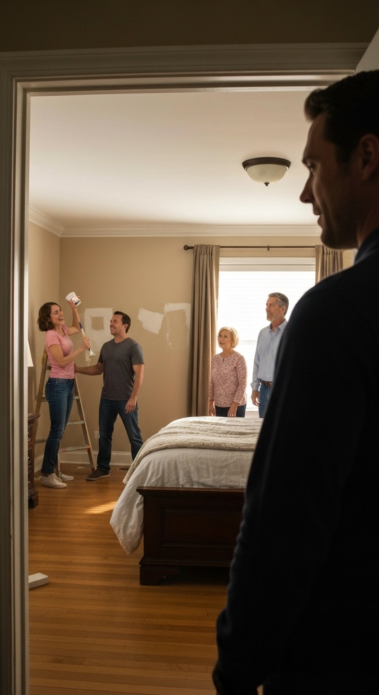 Wróciłem wcześniej z pracy i zastałem obcych ludzi malujących moją główną sypialnię. „Remontujemy ją przed przeprowadzką!” – zaćwierkała żona mojego brata z pędzlem w dłoni. On tylko skinął głową. Moi rodzice śmiali się razem z nimi, jakbym w ogóle nie istniał. Następnego ranka głos mamy w słuchawce drżał: „Dlaczego… dlaczego policja do nas przyszła?”