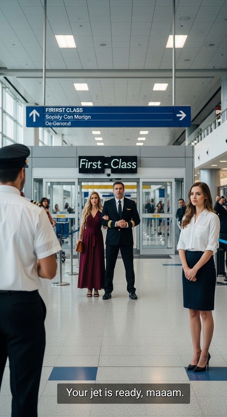 Na lotnisku tata powiedział: „Nie stać jej nawet na klasę ekonomiczną”. Moja przyrodnia siostra roześmiała się, wsiadając do pierwszej klasy. Czekałam w milczeniu – aż mężczyzna w mundurze powiedział: „Pani odrzutowiec jest gotowy, proszę pani”. Cały peron zamarł.