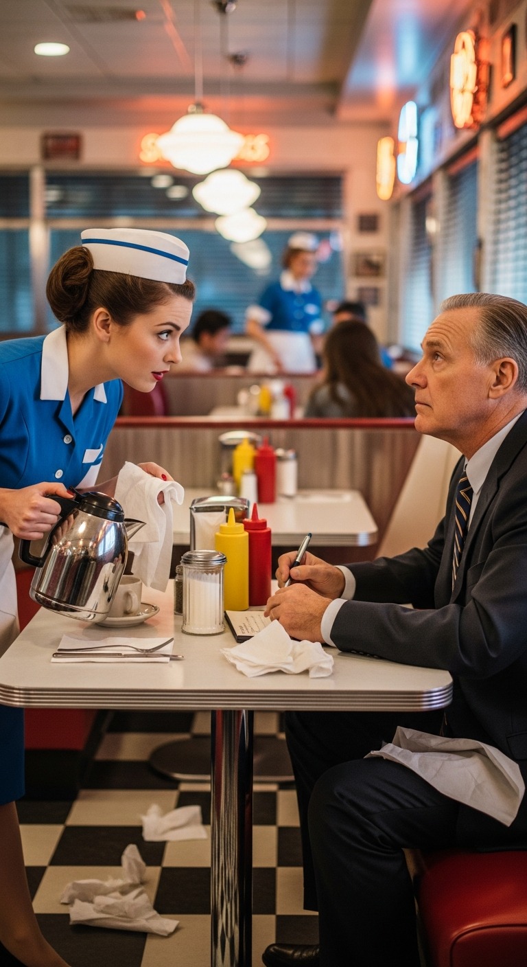 Byłam kelnerką z problemami finansowymi, gdy do mojego baru wszedł prezes-miliarder. Kiedy podpisywał dokument, mój wzrok dostrzegł podpis – i zamarłam. „Proszę pana… to podpis mojego taty” – wyszeptałam. Spojrzał w dół, potem na mnie, a szklanka wyślizgnęła mu się z ręki w szoku.