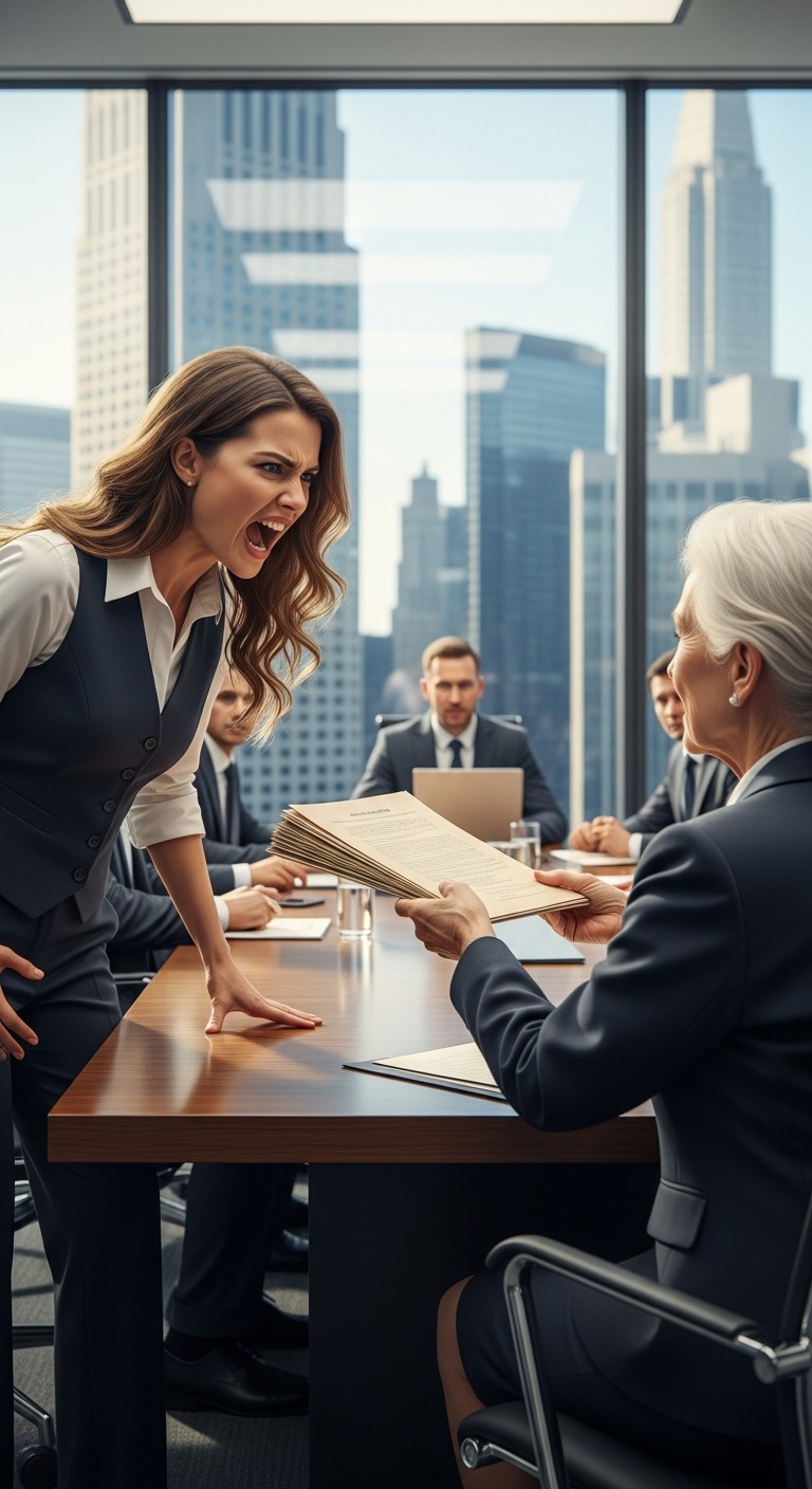 Dotarłam do firmy tylko po to, by zastać moją kartę dostępu nieaktywną. Moja córka usiadła na fotelu prezesa i powiedziała chłodno: „Jesteś stary, odpocznij. Zarząd wybrał mnie na nowego prezesa. Nie masz już żadnej władzy”. Uśmiechnęłam się, otwierając znoszoną skórzaną teczkę mojego zmarłego męża. „Twój ojciec przewidział ten dzień”.