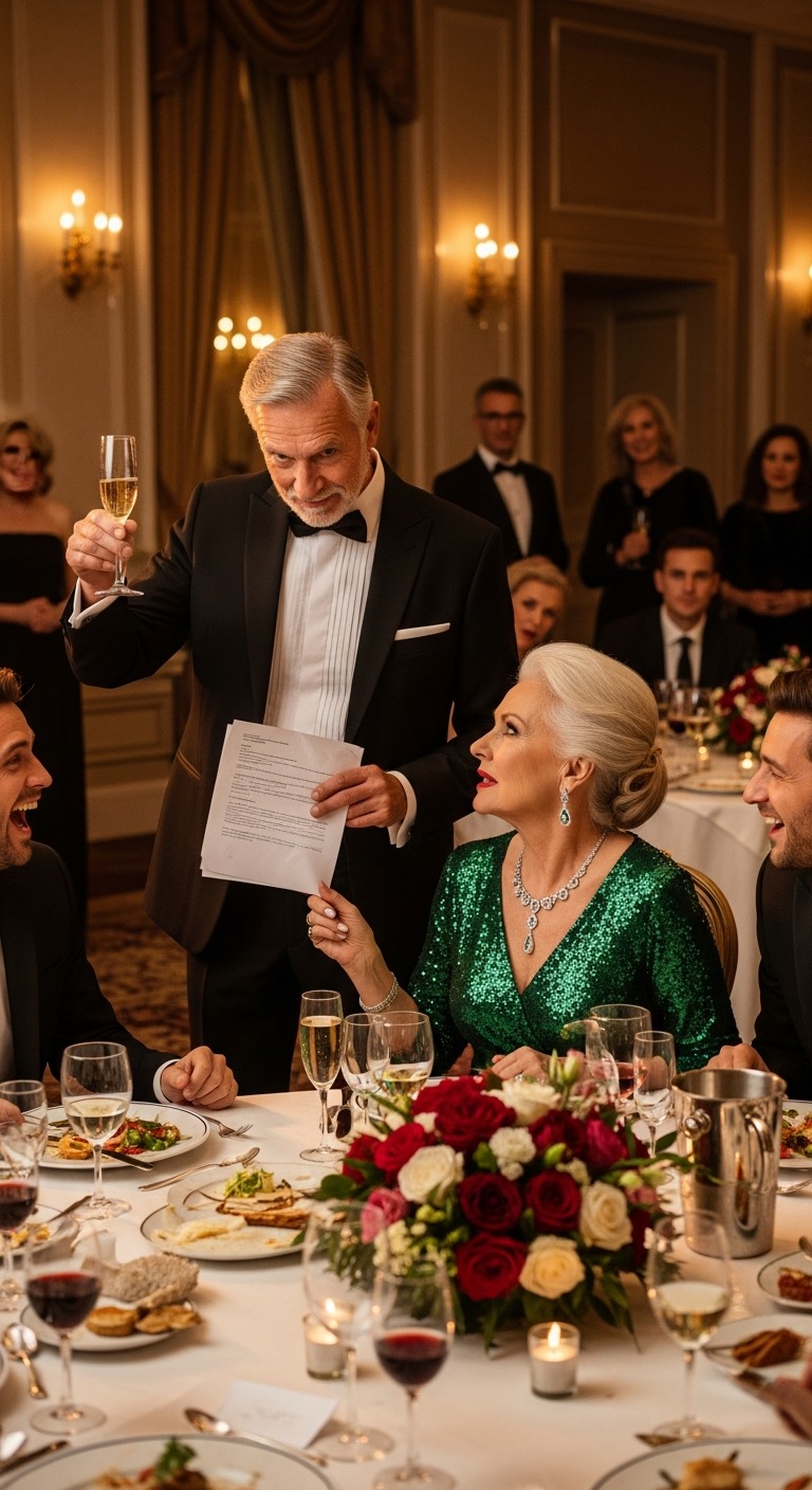 Podczas mojego toastu z okazji przejścia na emeryturę mąż wręczył mi papiery rozwodowe: „Nie będę utrzymywał bezrobotnej staruszki”. Dzieci klaskały, spragnione jego spadku. Podpisałam bez czytania i wyszłam. Następnego ranka nadeszła wiadomość: „Prezes przechodzi na emeryturę z rekordową odprawą w wysokości 50 milionów dolarów”. 15 minut później… stało się coś, czego nigdy się nie spodziewali…