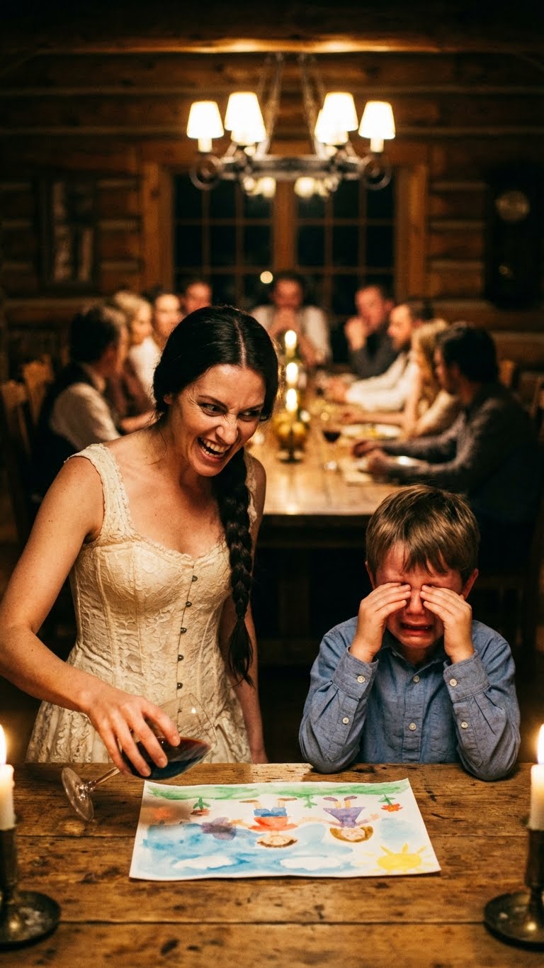 Moja siostra wylała kieliszek wina na urodzinową pracę mojego sześcioletniego syna, a pokój wypełnił się śmiechem. Mama pobiegła chronić obrus – nie moje dziecko. Nic nie powiedziałam, aż tata nagle wstał, zdjął obrączkę i upuścił ją w kałużę czerwieni. Potem wyciągnął skórzany notes, który trzymał w ukryciu od lat… i dziesięć minut później…