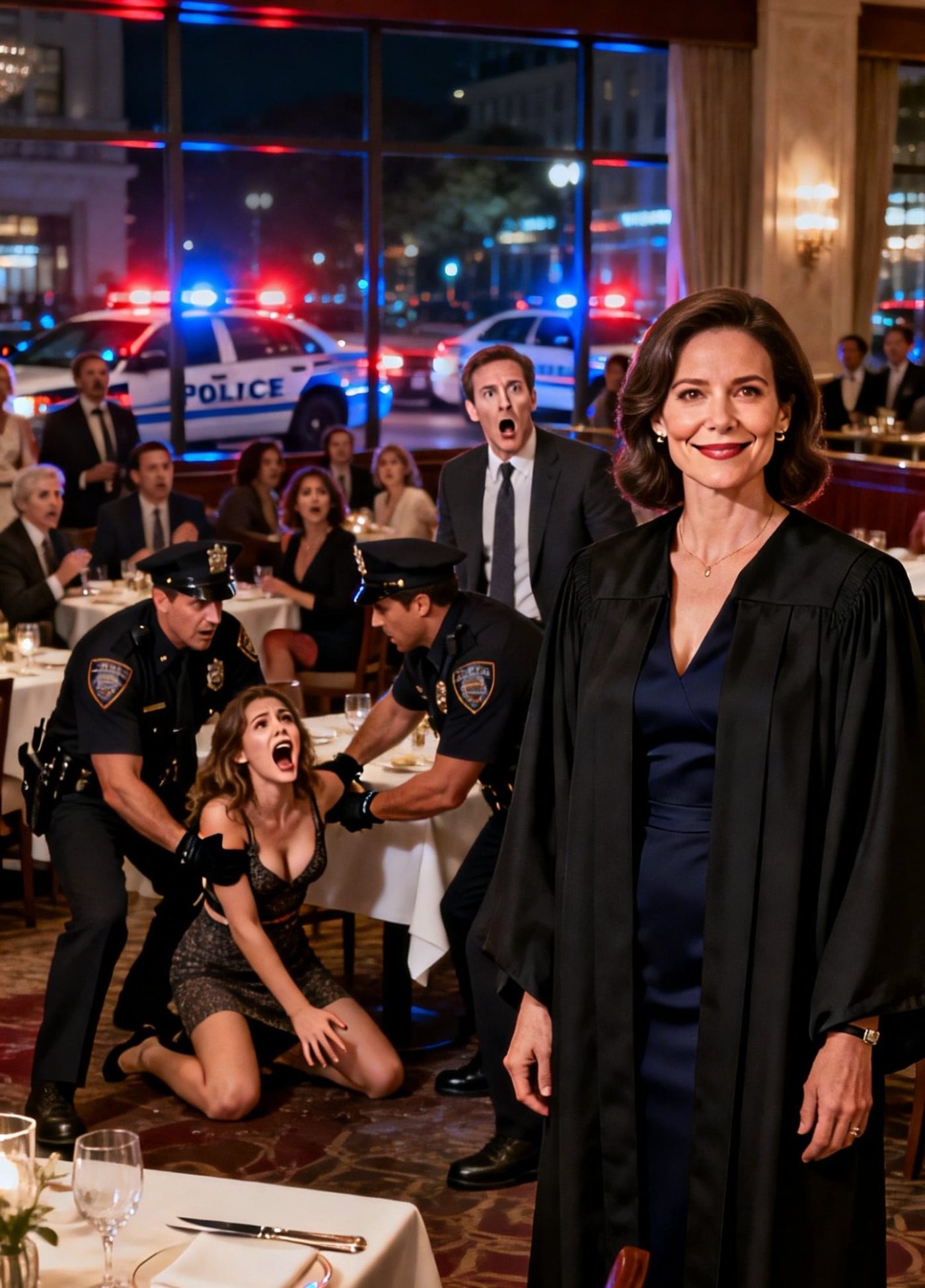 Nigdy nie powiedziałam mojemu zdradzającemu mężowi, że zostałam nominowana do Sądu Najwyższego. Przy kolacji wręczył mi papiery rozwodowe, śmiejąc się ze swoją kochanką. „Zabieram dom i dzieci. Jesteś tylko słabą asystentką prawną”. Nie wiedział, że jego kochanka jest w rzeczywistości zbiegłą defraudantką. Policja wkroczyła do restauracji. Krzyknęła: „Zadzwoń do swojego prawnika!”. Mój mąż spojrzał na mnie, błagając o pomoc. Wstałam, włożyłam szlafrok z torebki i uśmiechnęłam się. „Nie bronię przestępców” – powiedziałam. „Ja ich skazuję”.