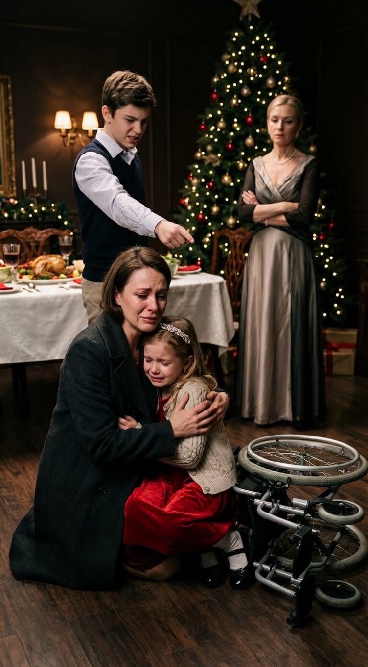 Podczas kolacji wigilijnej moja siostra wskazała na moją 12-letnią córkę i zadrwiła: „Wszyscy wiemy, że udaje – przestań udawać, że jest żałosna”. Potem jej syn zepchnął moją córkę z wózka inwalidzkiego i zaśmiał się: „Po prostu wstań i chodź. Spróbuj żyć jak normalny człowiek”. Nie sprzeciwiłam się. Nie krzyczałam. Po prostu wzięłam córkę na ręce i wyszłam – bo nie wiedziały, że ich życie już za chwilę legnie w gruzach.