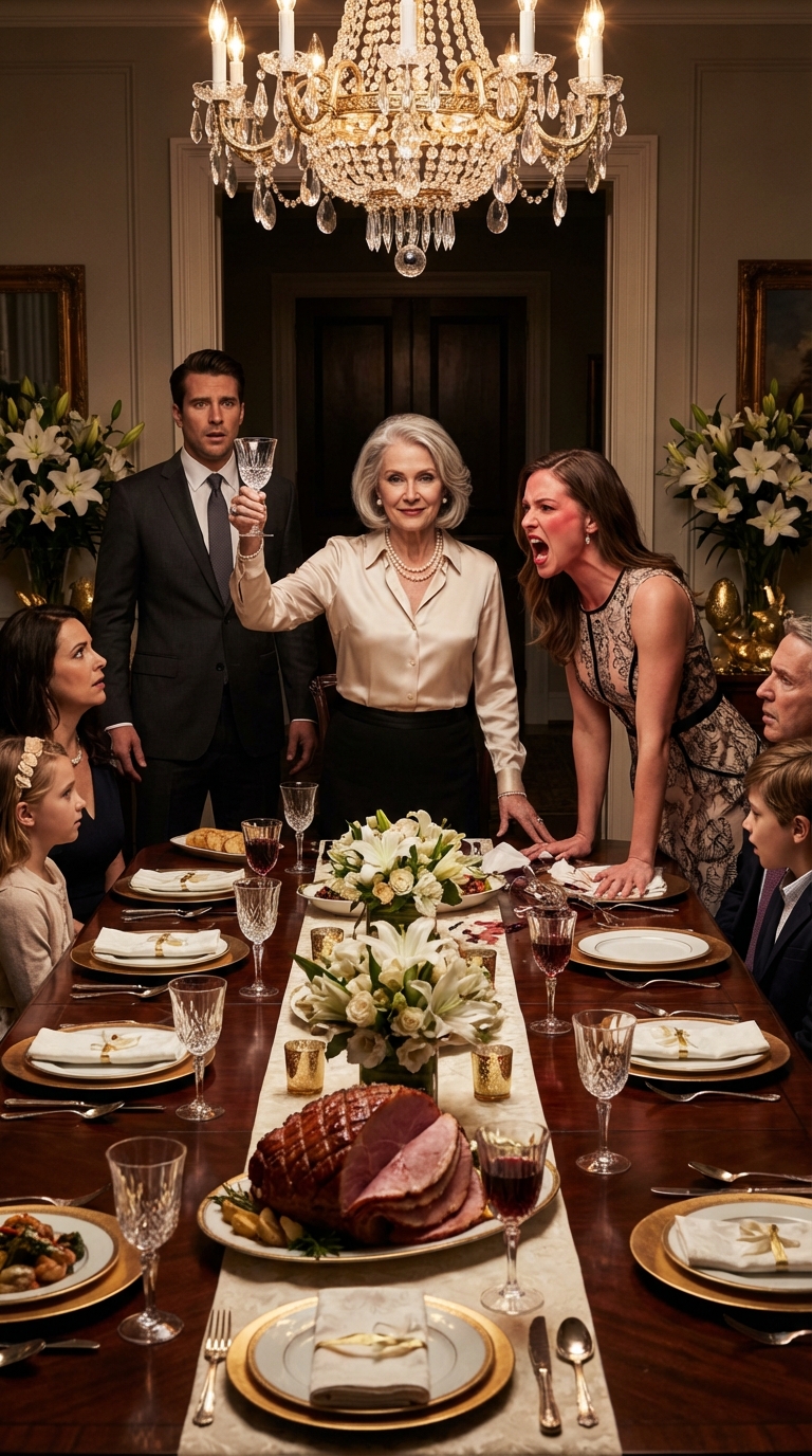 „Może powinnaś zjeść na górze” – powiedziała spokojnie moja synowa, kiedy próbowałam usiąść przy wielkanocnym stole. Gotowałam od 4:30 rano. Ale to był mój dom. Zdjęłam fartuch, podeszłam do szczytu stołu i zrobiłam coś, co zaparło dech w piersiach wszystkim jej gościom…