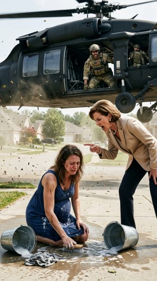 Mój mąż jest Zielonym Beretem. Podczas jego nieobecności jego matka zmusiła mnie do szorowania podjazdu na kolanach, będąc w ósmym miesiącu ciąży. „To cię nauczy, jak być dobrą służebnicą dla mojego syna” – syknęła, przewracając wiadro. Nie wiedziała, że ​​mój mąż ukrył kamerę transmitującą obraz na żywo w lampie na ganku. Nagle nad domem zaczął krążyć helikopter Black Hawk. Z głośnika rozległ się głos mojego męża: „Odsuń się od mojej żony, mamo. Przyjechał twój transport do więzienia federalnego”.