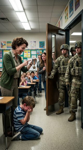 Mój 6-letni syn przyniósł porysowany medal na „Pokaż i opowiedz”. Jego nauczycielka dosłownie roześmiała się przed całą klasą, przewracając oczami i mówiąc: „To tania plastikowa zabawka, przestańcie kłamać dla uwagi”. Mój synek wybuchnął płaczem, szepcząc: „Ale mój tata powiedział, że to najważniejsza rzecz na świecie”. Nagle do klasy wmaszerowało trzech ciężko uzbrojonych żołnierzy. Nagle drzwi do sali się otworzyły i weszło trzech facetów w pełnym rynsztunku taktycznym. Wyraz twarzy nauczyciela, gdy dowódca dokładnie wyjaśnił, czym jest ta „zabawka”… czysta, nieskażona panika.