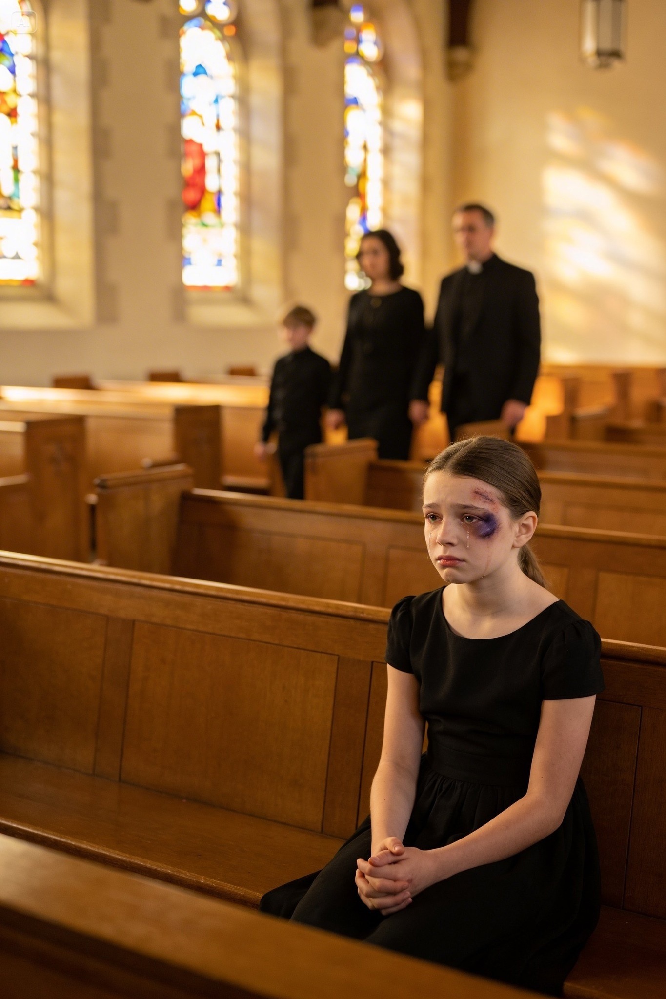 Stałem tam w ciszy, a deszcz uderzał o witraże jak ciche palce stukają