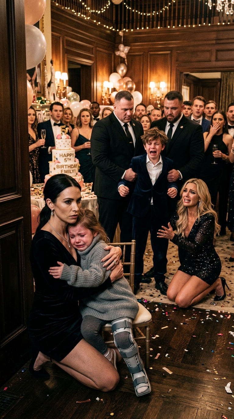 Wróciłem z mojej zagranicznej kancelarii prawnej i zastałem córkę siedzącą w kącie na własnym przyjęciu urodzinowym, z nogą w ukrytym gipsie i łzami w oczach. Moja siostra szepnęła: „Upadła, nie psuj nastroju imprezy”. Potem zobaczyłem syna mojej siostry w drogiej biżuterii mojej córki, przechwalającego się, że „zepchnął nieudacznika ze schodów do piwnicy”. Nie zrobiłem sceny. Po prostu podszedłem do mikrofonu DJ-a i ogłosiłem… Uśmiech mojej siostry nie zniknął tak po prostu – zniknął.