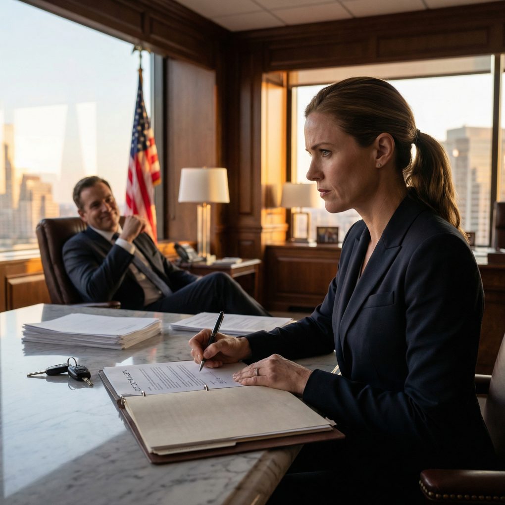 Mój mąż kazał mi podpisać rezygnację z mojego penthouse’u za 2,5 miliona dolarów i rodzinnych pamiątek, jakby to była tylko papierkowa robota – jakbym nie miała wyboru. Siedział tam pewny siebie, licząc już to, co uważał za swoje. Nie sprzeciwiłam się. Podpisałam. Wtedy jego prawnik odchrząknął, zrobił pauzę i powiedział: „Zanim przejdziemy dalej… jest coś, co powinnaś wiedzieć”. Wtedy atmosfera w pokoju zadrżała – i po raz pierwszy mój mąż przestał się uśmiechać.